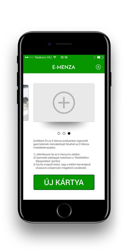 E-Menza mobilapplikáció képe iPhone eszközön, kártyakezelés